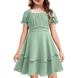 Arshiner Girls Dresses Summer Short Sleeve Off Shoulder Ruffle Tiered Layer Party Dress(Ice Green)