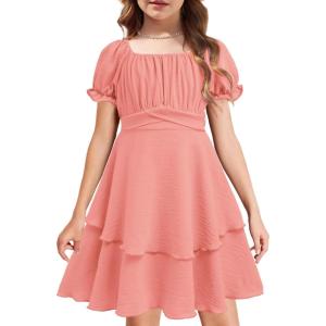 Arshiner Girls Dresses Summer Short Sleeve Off Shoulder Ruffle Tiered Layer Party Dress(Orange Pink)