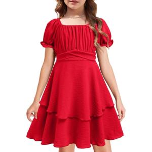 Arshiner Girls Dresses Summer Short Sleeve Off Shoulder Ruffle Tiered Layer Party Dress(Red)