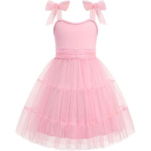 Arshiner Girls Dresses Summer Sleeveless Bow-Tie Straps Formal Fancy Party Birthday Tulle Dress(Light Pink)