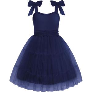 Arshiner Girls Dresses Summer Sleeveless Bow-Tie Straps Formal Fancy Party Birthday Tulle Dress(Navy Blue)