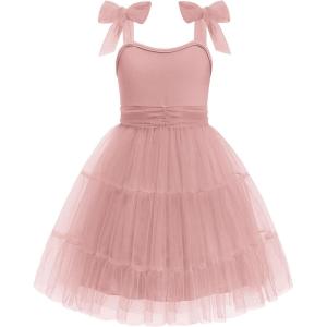 Arshiner Girls Dresses Summer Sleeveless Bow-Tie Straps Formal Fancy Party Birthday Tulle Dress(Pink)