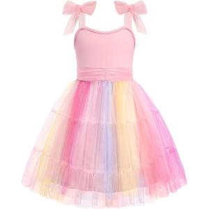 Arshiner Girls Dresses Summer Sleeveless Bow-Tie Straps Formal Fancy Party Birthday Tulle Dress(Rainbow Pink)