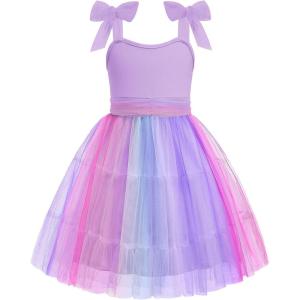 Arshiner Girls Dresses Summer Sleeveless Bow-Tie Straps Formal Fancy Party Birthday Tulle Dress(Rainbow Purple)