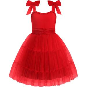 Arshiner Girls Dresses Summer Sleeveless Bow-Tie Straps Formal Fancy Party Birthday Tulle Dress(Red)