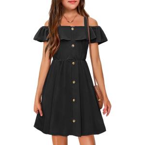 Arshiner Girls Dresses Summer Spaghetti Strap Cold Shoulder Ruffle Button Down A Line Dresses(Black)