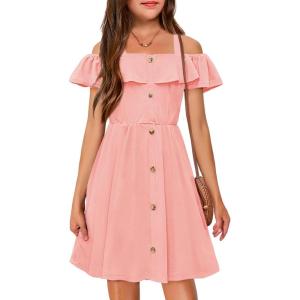 Arshiner Girls Dresses Summer Spaghetti Strap Cold Shoulder Ruffle Button Down A Line Dresses(Light Pink)