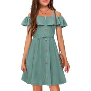 Arshiner Girls Dresses Summer Spaghetti Strap Cold Shoulder Ruffle Button Down A Line Dresses(Mint Green)