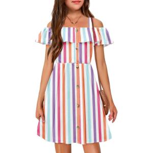 Arshiner Girls Dresses Summer Spaghetti Strap Cold Shoulder Ruffle Button Down A Line Dresses(Rainbow Stripe)