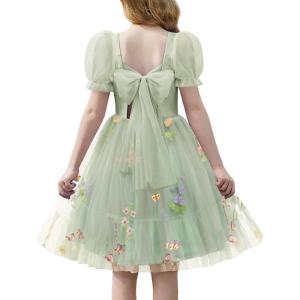 Arshiner Girls Dresses Tulle Bow Tie Back Puff Sleeve Party Holiday Spring Summer Dress for 6-16(Green Pattern)