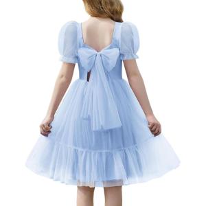 Arshiner Girls Dresses Tulle Bow Tie Back Puff Sleeve Party Holiday Spring Summer Dress for 6-16(Light Blue)