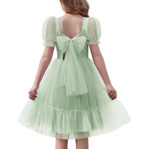 Arshiner Girls Dresses Tulle Bow Tie Back Puff Sleeve Party Holiday Spring Summer Dress for 6-16(Light Green)