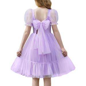 Arshiner Girls Dresses Tulle Bow Tie Back Puff Sleeve Party Holiday Spring Summer Dress for 6-16(Lilac)