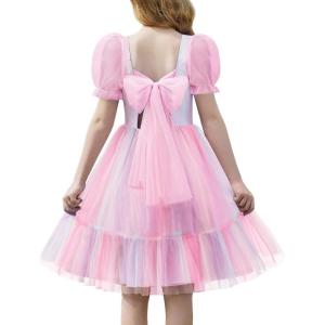 Arshiner Girls Dresses Tulle Bow Tie Back Puff Sleeve Party Holiday Spring Summer Dress for 6-16(Rainbow)