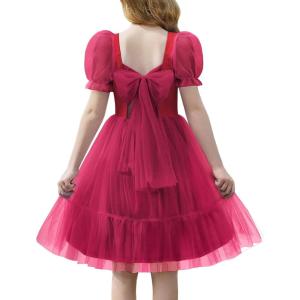 Arshiner Girls Dresses Tulle Bow Tie Back Puff Sleeve Party Holiday Spring Summer Dress for 6-16(Red)