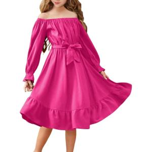 Arshiner Girls Long Sleeve Dresses Fall Party Formal Holiday Swing Flowy Ruffle Midi Dress(Hot Pink)