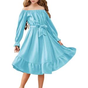 Arshiner Girls Long Sleeve Dresses Fall Party Formal Holiday Swing Flowy Ruffle Midi Dress(Light Blue)