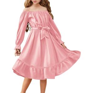 Arshiner Girls Long Sleeve Dresses Fall Party Formal Holiday Swing Flowy Ruffle Midi Dress(Pink)