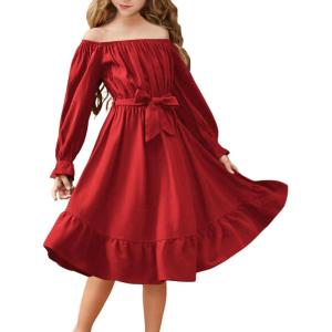 Arshiner Girls Long Sleeve Dresses Fall Party Formal Holiday Swing Flowy Ruffle Midi Dress(Red)