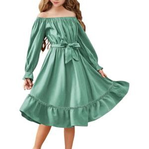 Arshiner Girls Long Sleeve Dresses Fall Party Formal Holiday Swing Flowy Ruffle Midi Dress(Sage Green)
