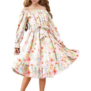 Arshiner Girls Long Sleeve Dresses Fall Party Formal Holiday Swing Flowy Ruffle Midi Dress(White Floral)