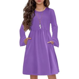 Arshiner Girls Long Sleeve Floral Pleated Swing Dress Kids Casual Dresses with Pockets for 4-13 Years(Deep Purple)