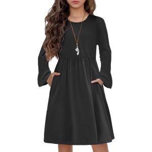 Arshiner Girls Long Sleeve Floral Pleated Swing Dress Kids Casual Dresses with Pockets for 4-13 Years(Solid Black)