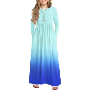 Arshiner Girls Maxi Dress Long/Short Sleeve Casual Holiday Dress with Pockets for 5-13 Years(Long Sleeve Blue Gradient)