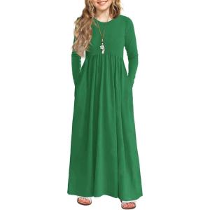 Arshiner Girls Maxi Dress Long/Short Sleeve Casual Holiday Dress with Pockets for 5-13 Years(Long Sleeve Green)