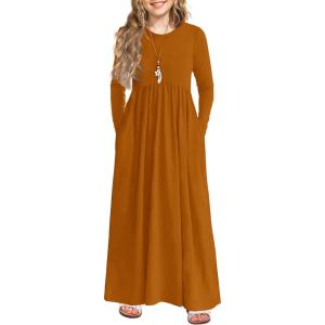 Arshiner Girls Maxi Dress Long/Short Sleeve Casual Holiday Dress with Pockets for 5-13 Years(Long Sleeve Light Brown)