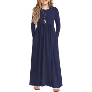 Arshiner Girls Maxi Dress Long/Short Sleeve Casual Holiday Dress with Pockets for 5-13 Years(Long Sleeve Navy Blue)