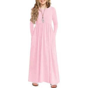 Arshiner Girls Maxi Dress Long/Short Sleeve Casual Holiday Dress with Pockets for 5-13 Years(Long Sleeve Pink)