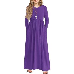 Arshiner Girls Maxi Dress Long/Short Sleeve Casual Holiday Dress with Pockets for 5-13 Years(Long Sleeve Purple)