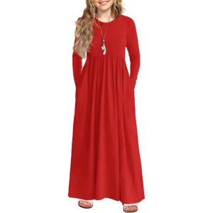 Arshiner Girls Maxi Dress Long/Short Sleeve Casual Holiday Dress with Pockets for 5-13 Years(Long Sleeve Red)