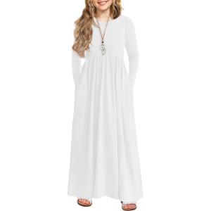 Arshiner Girls Maxi Dress Long/Short Sleeve Casual Holiday Dress with Pockets for 5-13 Years(Long Sleeve White)