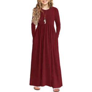 Arshiner Girls Maxi Dress Long/Short Sleeve Casual Holiday Dress with Pockets for 5-13 Years(Long Sleeve Wine Red)