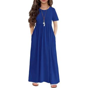 Arshiner Girls Maxi Dress Long/Short Sleeve Casual Holiday Dress with Pockets for 5-13 Years(Short Sleeve Blue)