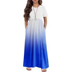 Arshiner Girls Maxi Dress Long/Short Sleeve Casual Holiday Dress with Pockets for 5-13 Years(Short Sleeve Blue Gradient)