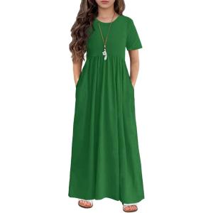 Arshiner Girls Maxi Dress Long/Short Sleeve Casual Holiday Dress with Pockets for 5-13 Years(Short Sleeve Green1)