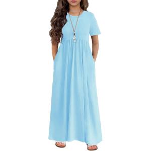 Arshiner Girls Maxi Dress Long/Short Sleeve Casual Holiday Dress with Pockets for 5-13 Years(Short Sleeve Light Blue)