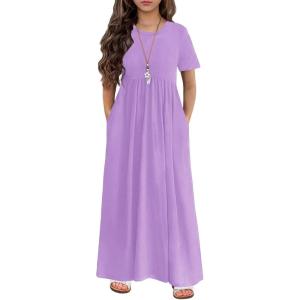 Arshiner Girls Maxi Dress Long/Short Sleeve Casual Holiday Dress with Pockets for 5-13 Years(Short Sleeve Lilac)