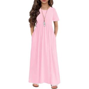 Arshiner Girls Maxi Dress Long/Short Sleeve Casual Holiday Dress with Pockets for 5-13 Years(Short Sleeve Pink)