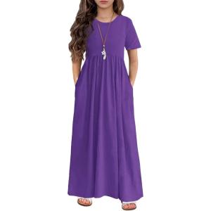 Arshiner Girls Maxi Dress Long/Short Sleeve Casual Holiday Dress with Pockets for 5-13 Years(Short Sleeve Purple)