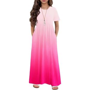 Arshiner Girls Maxi Dress Long/Short Sleeve Casual Holiday Dress with Pockets for 5-13 Years(Short Sleeve Rose Red Gradient)