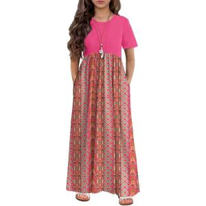 Arshiner Girls Maxi Dress Long/Short Sleeve Casual Holiday Dress with Pockets for 5-13 Years(Short Sleeve Rose Red Print)