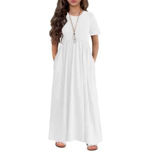 Arshiner Girls Maxi Dress Long/Short Sleeve Casual Holiday Dress with Pockets for 5-13 Years(Short Sleeve White1)
