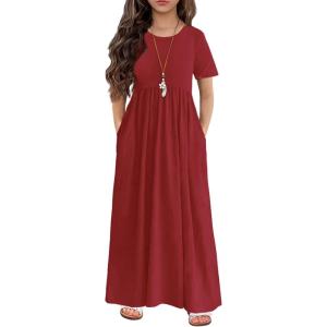 Arshiner Girls Maxi Dress Long/Short Sleeve Casual Holiday Dress with Pockets for 5-13 Years(Short Sleeve Wine Red1)