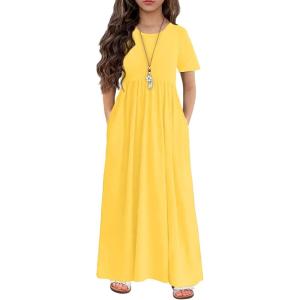 Arshiner Girls Maxi Dress Long/Short Sleeve Casual Holiday Dress with Pockets for 5-13 Years(Short Sleeve Yellow1)