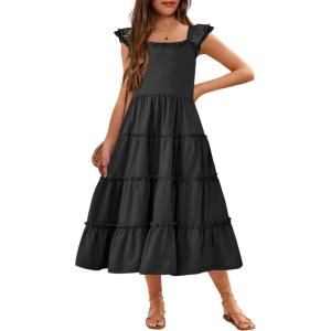 Arshiner Girls Maxi Summer Short Flutter Sleeve Casual Dress with Pockets for 4-14 Y(Black)