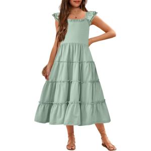 Arshiner Girls Maxi Summer Short Flutter Sleeve Casual Dress with Pockets for 4-14 Y(Light Green)